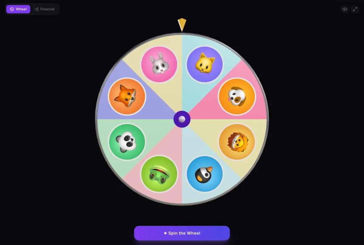 A 3D picture wheel with eight pet photos in round thumbnails around the rim, and a gold pointer at the top