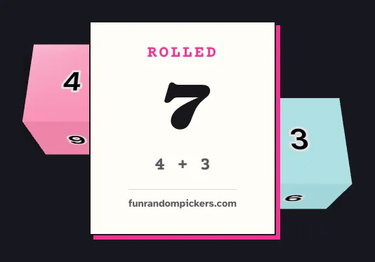 Two 3D six-sided dice, pink and blue, either side of a card reading Rolled 7, with 4 plus 3 underneath